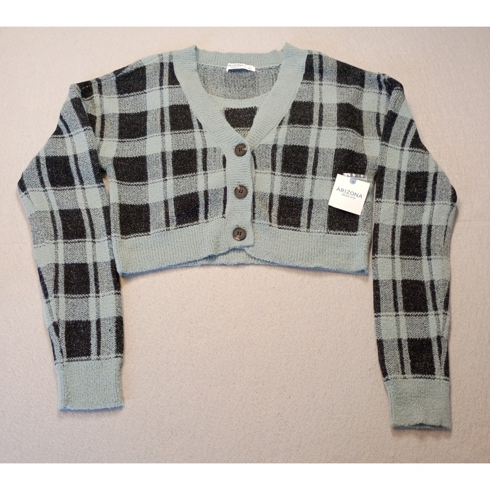 NWT Arizona Jean Company Cropped Flannel Cardigan 2 Piece Size Medium Blue/Black - Picture 2 of 11